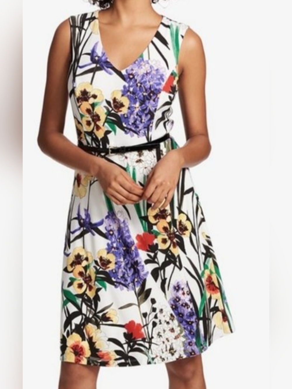 Tommy Hilfiger White Floral V-Neck Midi Dress with Multicolor Blooms